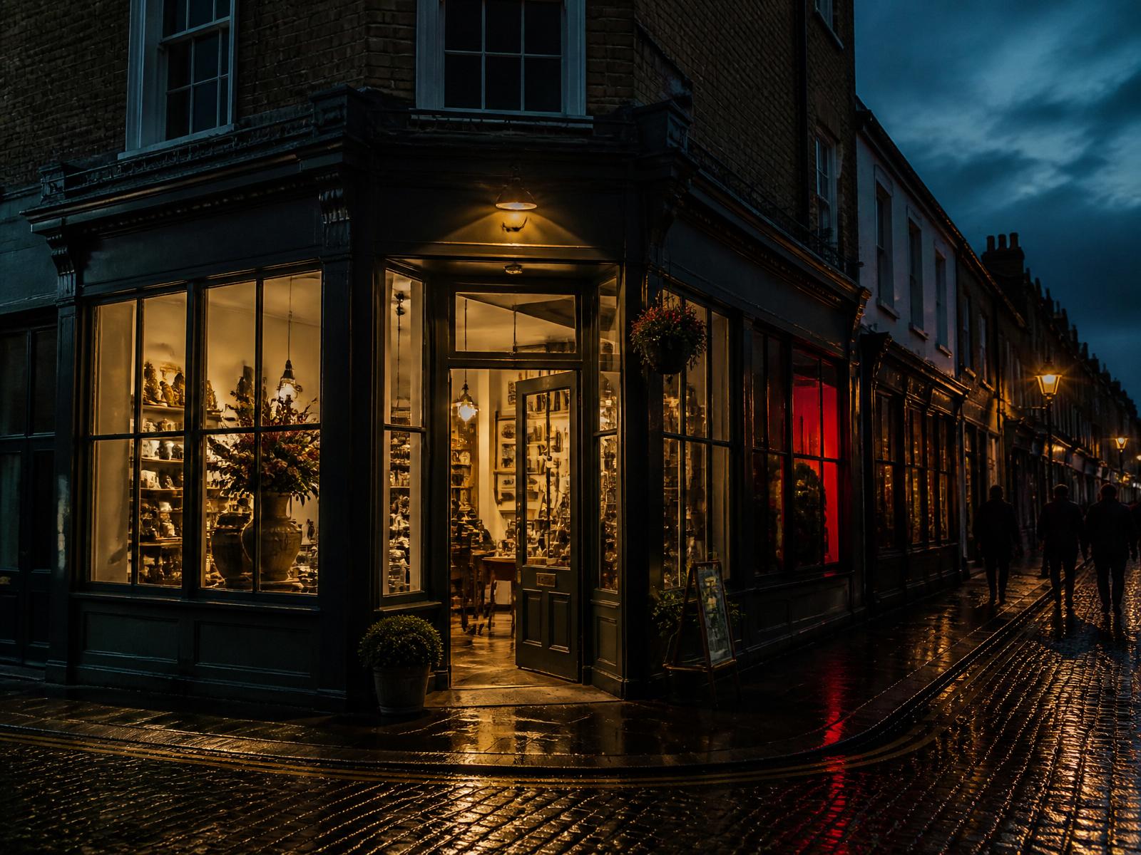 Independent Manchester shopfront lit up at dusk